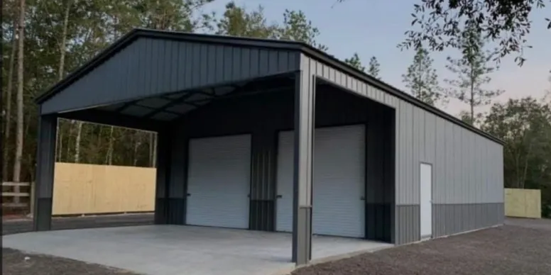 Charcoal steel carport with covered parking and roll-up doors