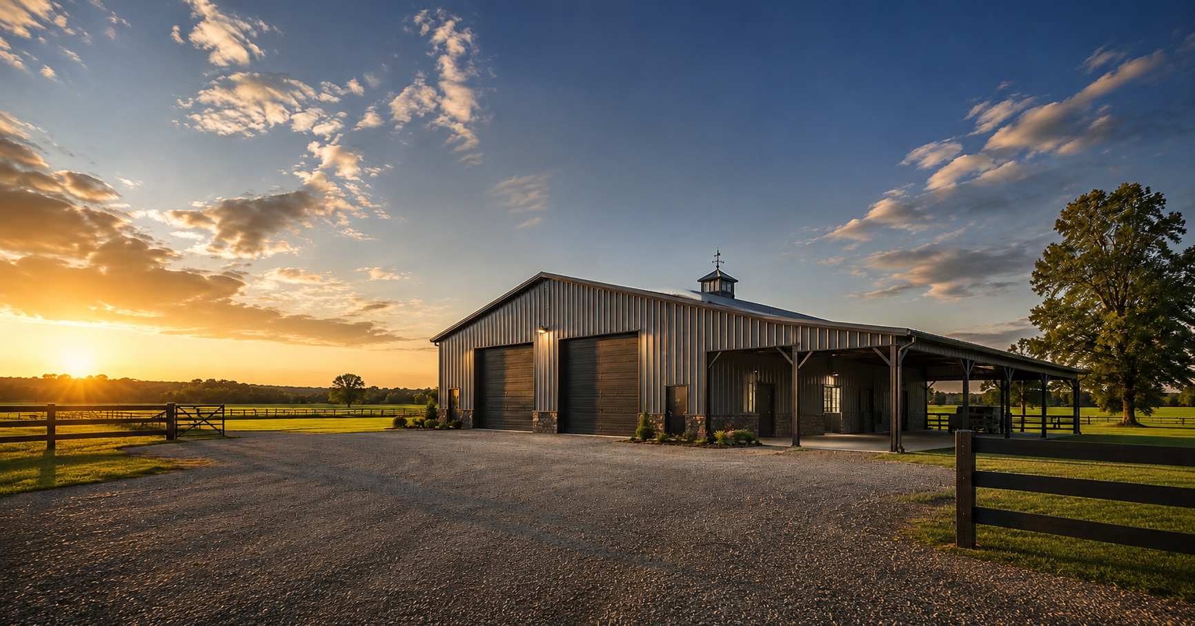 Custom metal barn and shop building at sunset on a rural property
